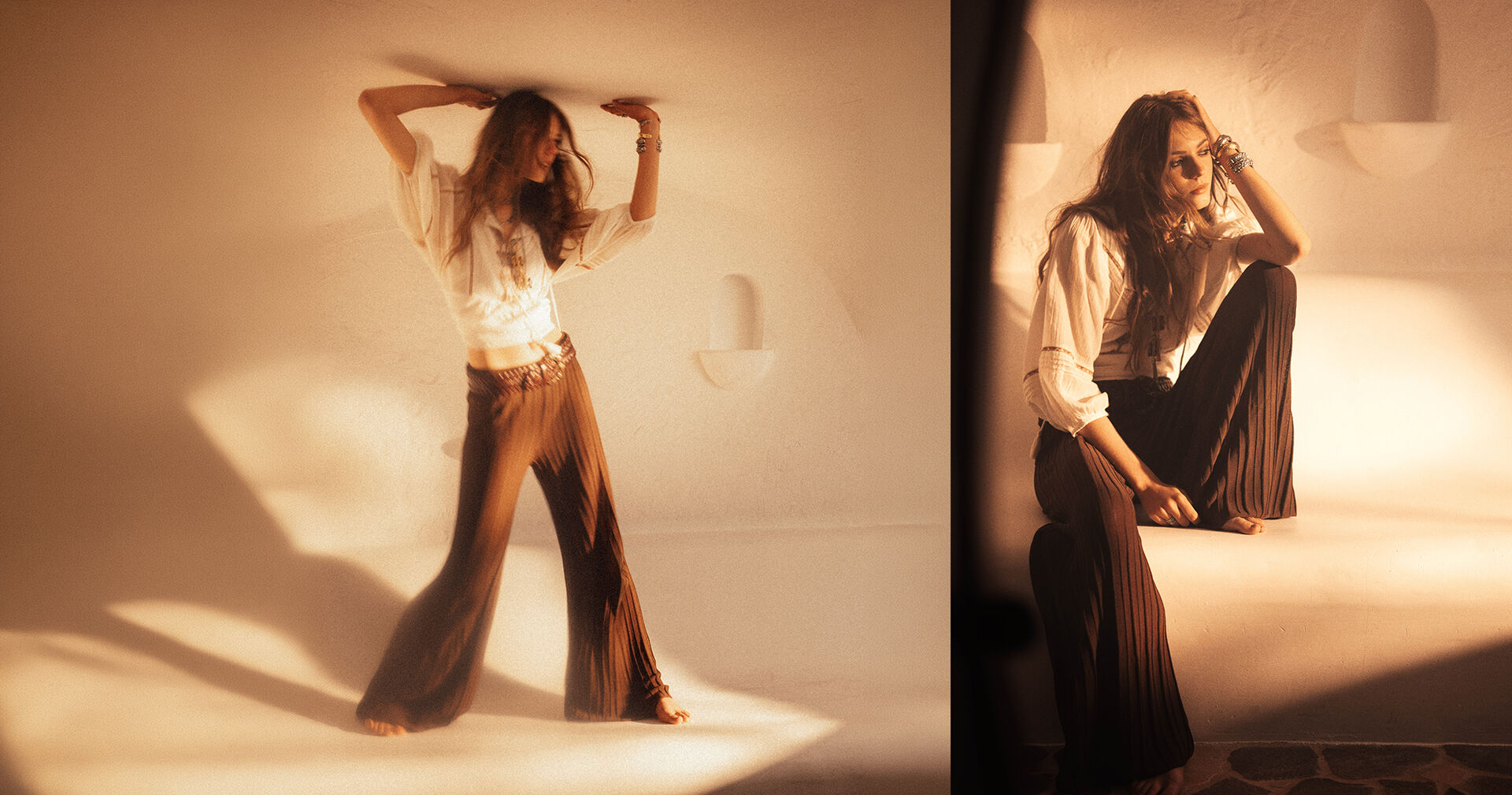 A model wearing a brow pant and white blouse